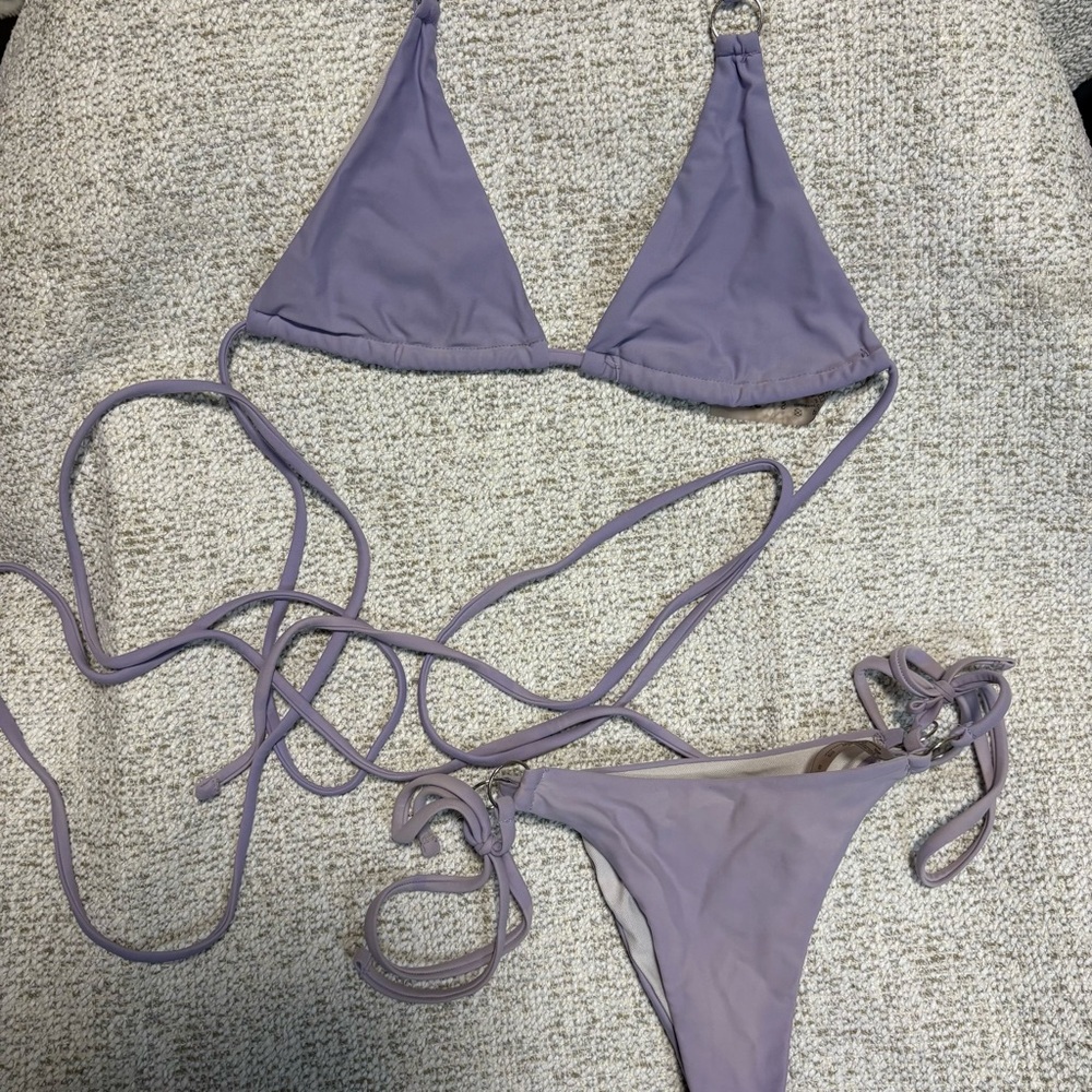Light Purple Strappy Lace Up, Adjustable Triangle Bikini Set